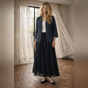 Westport Dark Denim V-Neck Jacket — Pleated & Ruched Trim — 3/4 Sleeve